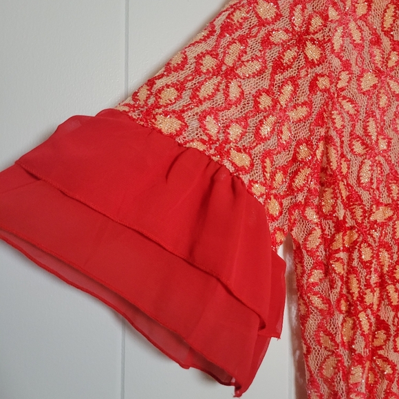 NWT Umgee Semi Sheer Ruffle Trim Tunic Top Sparkly Floral Mesh Anthropologie LG - Picture 4 of 15